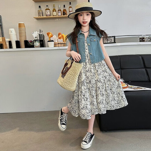 Zuo Feiluo 3524 Mädchen Kleid Sommeranzug 2025 Sommeranzug mittelgroße Kinder modische Weste Denim Zweiteiler Prinzessin Weste 120