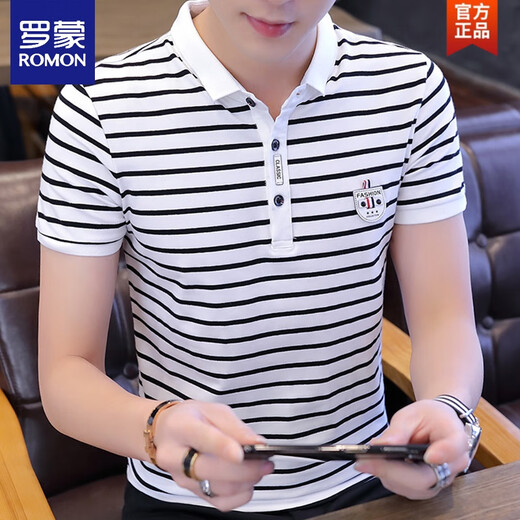 Kurzärmlige Romon-Männer-T-Shirt Pure Cotton Slim Fashion T-Shirt reines Baumwollsommer Trendy Striped Polo Shirt Neue Sommer Wear W7029 Sky Blue M (160) 90-105jin [Jin entspricht 0,5 kg]