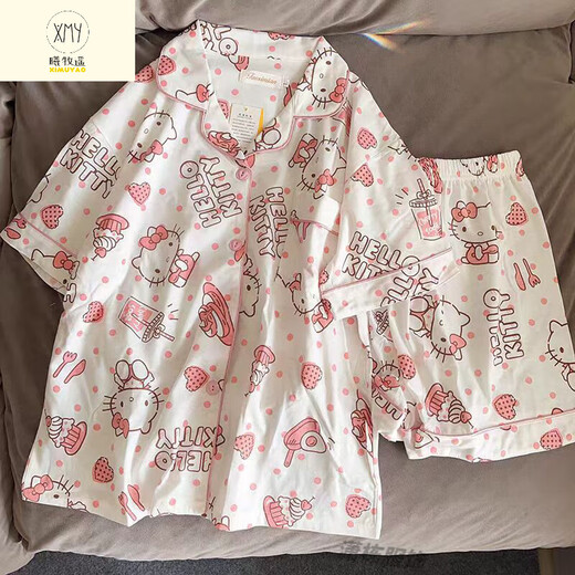 Ximuyao Sanrio Hello Kitty Pyjamas for Women in Summer trois pièces 2025 Nouveaux vêtements à manches courtes et à manches courtes WZL-1484 Contant à manches courts-shorts à trois pièces Set M [80-100jin suggéré [Jin équivaut à 0,5 kg]]