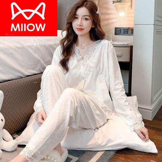 猫人（MiiOW）金丝绒睡衣女秋季女款2025新款长袖长裤甜美公主风花边春秋款冬季 SMSD 9926 白色 L (建议100 120斤)