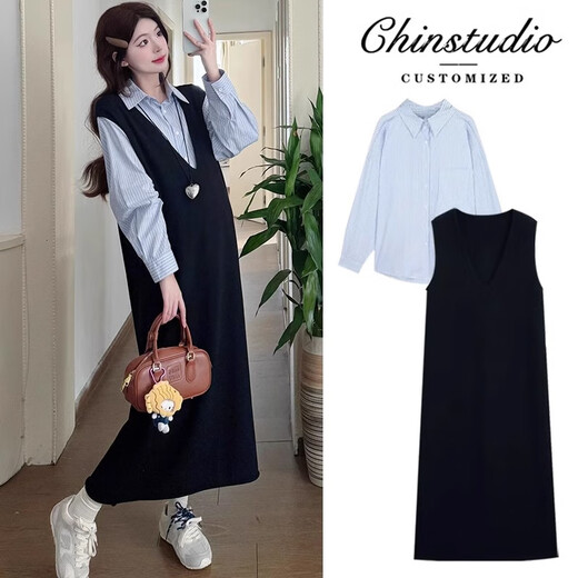 Geman maternity wear autumn 2025 maternity dress suit commuter skirt spring and autumn fashionable fashionable shirt top blue shirt + dress XL