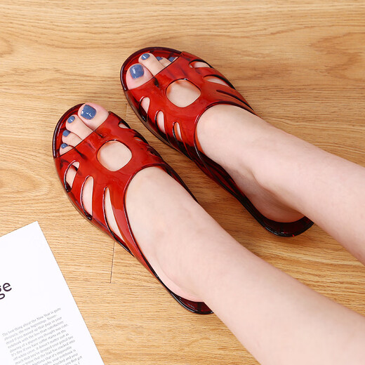 Trendy Medusara Crystal Pvc Sandals Summer Tacón bajo cómodos zapatos de mujer de moda 1478 Brown 36