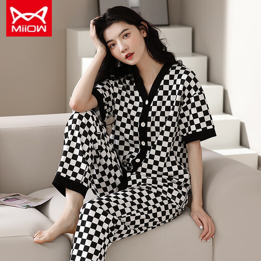 
Catman MIIOW pajamas for women in spring and summer short-sleeved trousers cardigan Korean style cute V-neck summer home clothes full cotton set YSH-9734# cardigan L size 100-120Jin [Jin equals 0.5 kg]