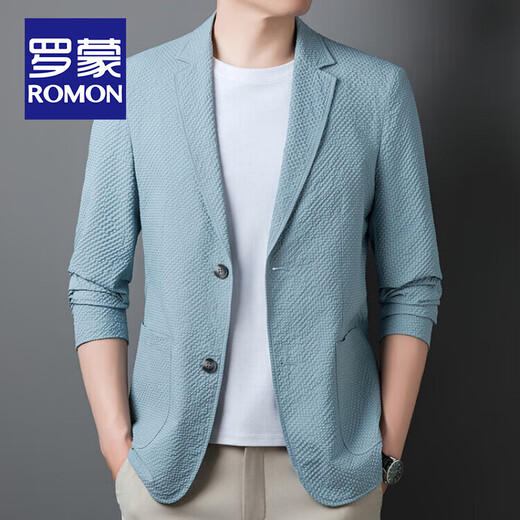 
ROMON bubble yarn suit men's spring and summer new solid color business casual single western jacket thin loose suit top blue XL 180