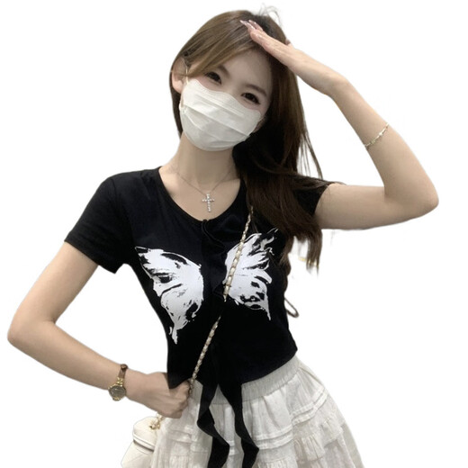 优衣库库【商场同款】美式蝴蝶印花短袖上衣甜辣百搭女款修身显瘦夏季潮流 9930黑 S
