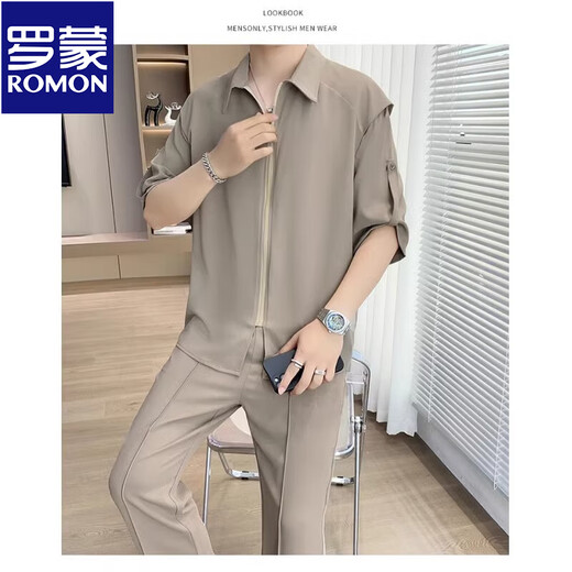 罗蒙（ROMON）冰丝短袖衬衫套装男士夏季休闲轻熟痞帅搭配垂感抗皱西裤男装一套 718米白色(中袖套装) M 90-110斤