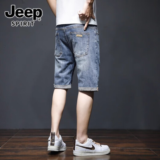 
JEEP SPIRIT Jeep Denim Shorts Men's Summer Thin Loose Trendy Brand Five-point Medium Pants Korean Style Trendy ripped elastic 5-point short 689 Blue ripped model 33 [(2 feet 6) Weight 145-155Jin [Jin equals 0.5 kg]]