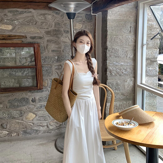 Dofinison French Hepburn style square collar sleeveless white vest dress for women summer skirt high-end waistline long skirt sleeveless vest dress for women white M