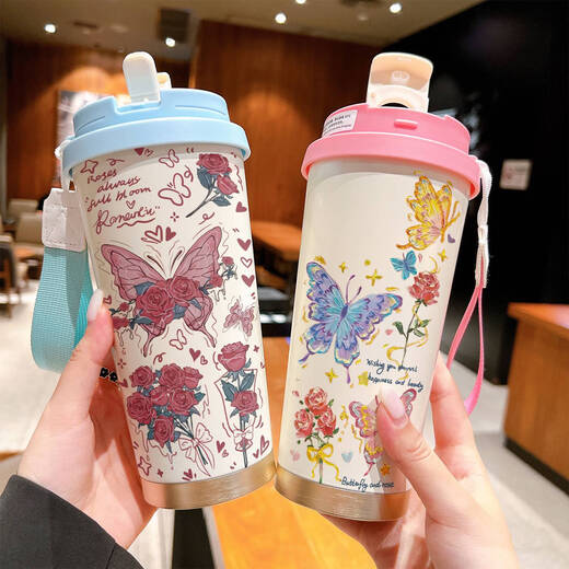 Yonghuan Schmetterling Thermalbecher Edelstahl großer Kapazität Strohhalm Tragbarer Wasserbecher Mädchen 2025 Hochgeprägter Kaffeetasse Antike weiße BXAD6197 Schmetterling 520 ml gepackt Edelstahl