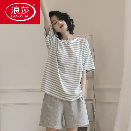 浪莎（LangSha）2025年新款睡衣女夏季纯棉短袖两件套夏天条纹家居服舒适宽松 YZT9853 M 女款 建议80-100斤