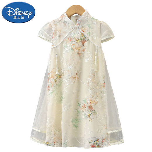迪士尼（Disney）女童连衣裙夏装旗袍裙中国风儿童夏季公主裙汉服复古女孩裙子国潮 YBC-6629扇子旗袍裙-杏色 100 建议身高90cm