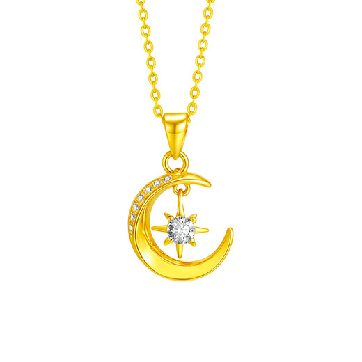 Chinese jewelry gold necklace girls pure gold 999 pendant Star and Moon Love set chain for wife’s birthday gift for girlfriend New Year’s Day 0.90g rose gift box Zhenai rose gift box