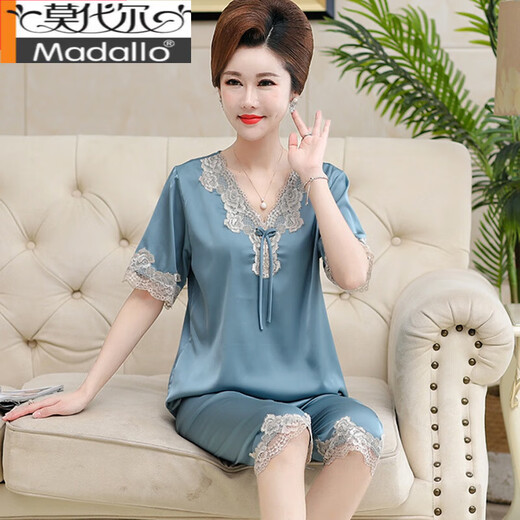 莫代尔睡衣女夏短袖冰丝I绸套装中年妈妈中老年仿真丝家居服夏季大码薄 LH683深粉 L 建议【100-120斤】