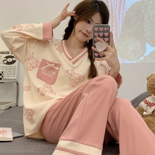 浅伊琳睡衣女春秋季韩版长袖长裤可爱卡通套装可外穿夏秋冬款大码家居服 宝蓝色 t9922图色 M  (建议75-95斤)