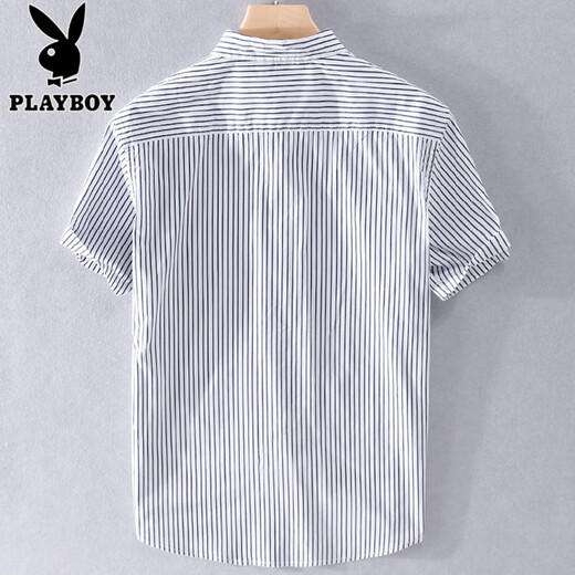 花花公子（PLAYBOY）夏季薄款衬衫领短袖T恤男宽松体恤免烫条纹半袖带领口袋上衣夏装 9721白色 M