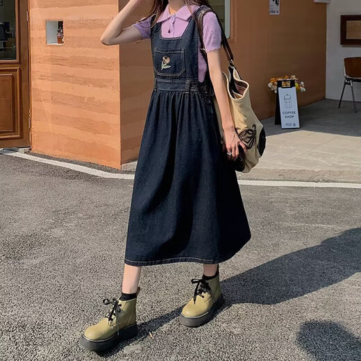 Retro age-reducing denim strap skirt for women spring and summer large size fat mm Korean style student cute embroidered suspender dress blue and gray [MY-8858] S