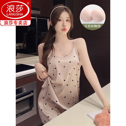 
Langsha Bing Silk Pajamas Women's Summer Thin Style with Chest Paddle Shorts Sweet Love High-end Silk Cool Silk Set MY_B682-1# Sling Cover Peach Heart-Bean Paste (M