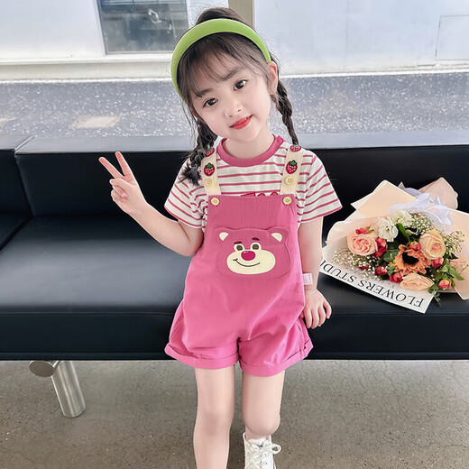 
Kexin Baby Girl Summer Strawberry Bear Overalls Two-Piece Set 2025 New Fashionable Short Sleeve Striped T-shirt Set Children's Trendy Rose Pink 110 Size Recommended for 3-4 years old (about 105 height)