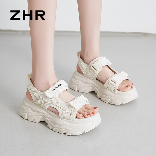 ZHR凉鞋女厚底增高小个子拼接女鞋魔术贴运动女鞋 G750 米色  36 