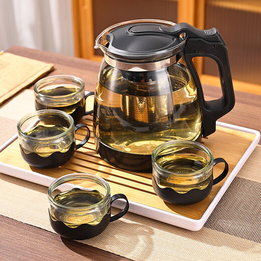 JD Logistics Teapot Set Large Capacity Glass Teacup with Filter High Temperature Resistant Tea Set 1000ml Pot + 4 Cups
