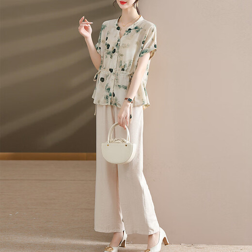 Die 50-jährige Frau von Jiangong trägt temperamentvolle Damen-Sommerkleidung, zierlichen Anzug, zweiteiliges Mode-Oberteil, Taillenschlankheitsanzug im westlichen Stil, 9435, hellgrüner Anzug, XL, empfohlen 90–105. Jin Jin entspricht 0,5 kg