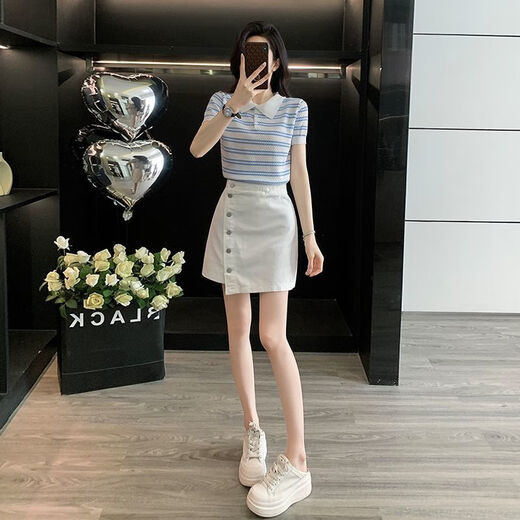 Longwenstin (L.WEST) Summer 2025 New Korean Striped Short Sleeve Top Slim and Versatile Denim Short Skirt Suit Skirt Two-piece Summer White Skirt 7170B S