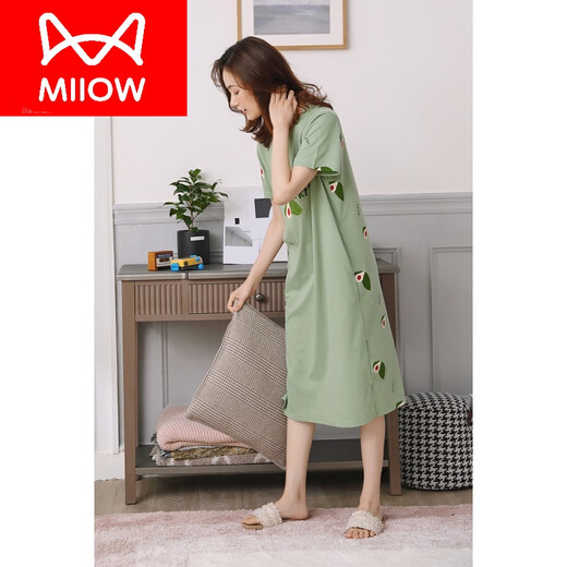 Catman (Miiow) Marke Nachthemd für Frauen Sommer reines Baumwoll kurzärmelige Long Knie-Pyjama 2023 Neues Baumwollkoran dünne Heimkleidung 9901 Langer Rock 2xl