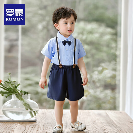 罗蒙男童小西装背带套装男宝周岁生日花童礼服儿童演出服 藏青色120