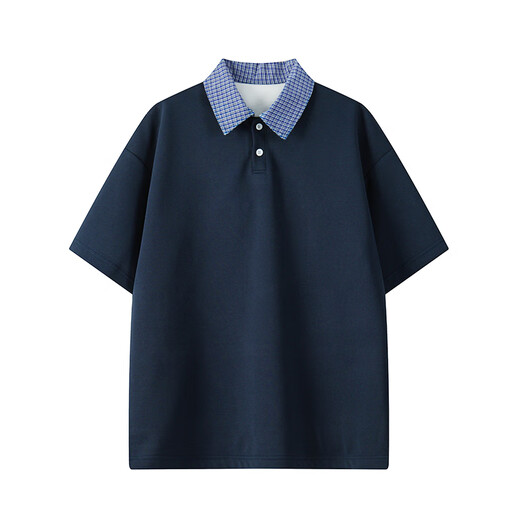 Foss Phil秋季男装短袖假两件拼接格子亨利领男宽松上衣POLO衫男士 JCDM-T5125藏青色 4XL