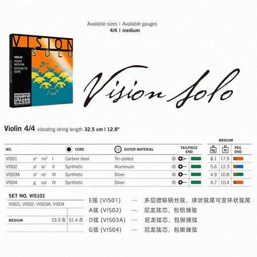 THOMASTIK奥地利托马斯Vision VI100小提琴弦琴弦Solo VIS100 101套弦单弦 VIS101【4/4套弦】