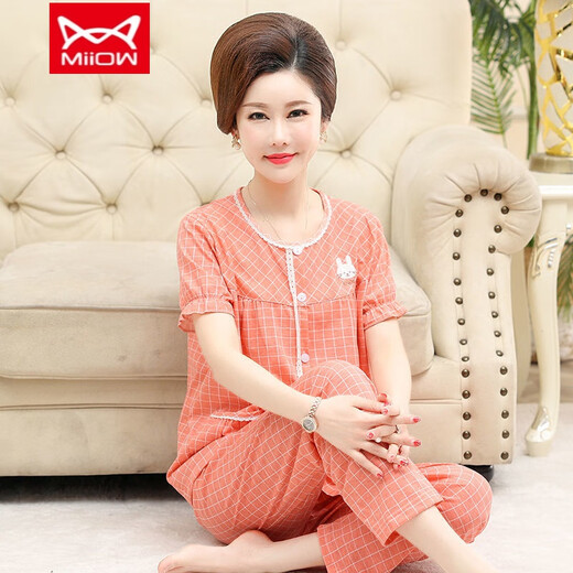猫人（MiiOW）中老年睡衣女士夏纯棉短袖长裤宽松加大妈妈家居服套装可外穿 M4-9201 套头 M 【适合80-100斤】