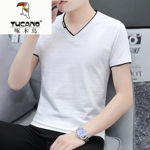 Woodpecker (Tucano) High-End-Herren-Kurzärmel-T-Shirt V-Ausschnitt Summer Brand Slim Cotton Boy's halbärmelte lässige und vielseitige Kleidung. White 691-Modelle M empfohlen 90-100 Jin [Jin entspricht 0,5 kg]