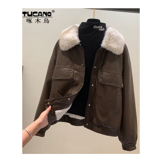 Woodpecker (TUCANO) velvet leather jacket 2025 winter new imitation rex rabbit fur PU leather jacket coat large fur collar pie jacket brown L 106-120Jin Jin equals 0.5 kg