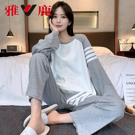 雅鹿纯棉睡衣女长袖春秋季休闲韩版可外穿卡通全棉秋冬家居服套装 9216(无胸垫棉) M 【建议80-105斤】
