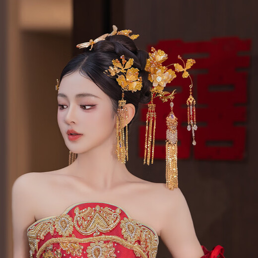 DUALMELLA bridal Chinese Xiuhe dress golden headdress flower tassel hairpin classical dragonfly new dragon and phoenix gown knot headdress set G0196