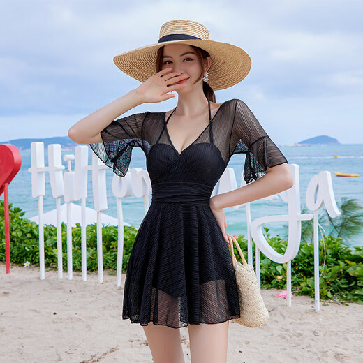 
MPPMCK swimsuit for women covering their belly and making them look slim and conservative one-piece women's large size sexy Korean ins hot spring swimsuit 12049 dark black + ice silk sleeve cover (sleeves default S size required M