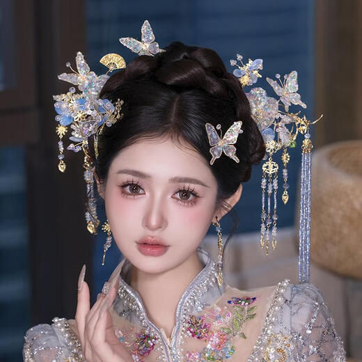 Miqiao blue Xiuhe tiara new Chinese style bride 2025 new simple crystal beaded butterfly dress wedding hair accessories blue crystal model