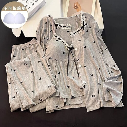 Fhhuabd-Pyjamas mit Baumwoll-Reisstadel für Frauen Frühling und Herbstmodal warm warm, langhärme graue Schlinge Bug Kleidung Drei-teilige Set 6621#. Schwarz-MODAL-DREI-SET XL empfohlen 120-135jin [Jin ist gleich 0,5 kg]