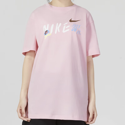 Nike (Nike) Футболка с короткими рукавами хлопка для женщин 2025 Лето-дышащий маленький крюк Простой сплошной круглый круглый верхний верхний рукав FJ7714-690 Pink M