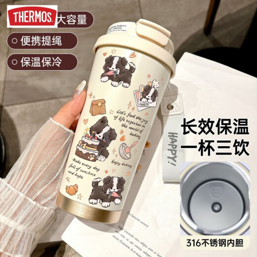 膳魔师（THERMOS）开心小狗保温杯不锈钢学生专用咖啡杯手拎便携新款男女水杯高颜值 DX1047蝴蝶结墨猫+配挂绳 陶瓷内胆