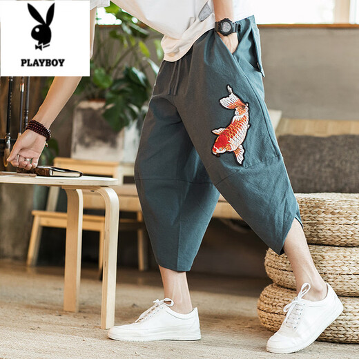 花花公子（PLAYBOY）夏季亚麻阔腿七分裤男士宽松短裤潮流沙滩哈伦裤休闲裤中国风裤子 灰色【刺绣】 4XL