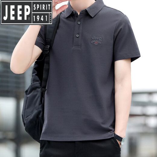吉普（JEEP）男士短袖恤夏季新款宽松运动体恤翻领透气休闲衫男 7027军绿 M