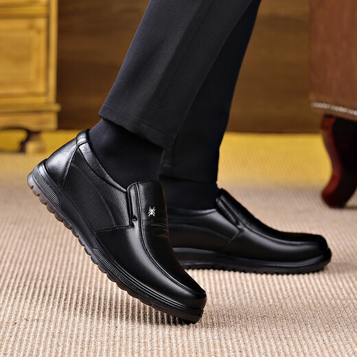 
Spider King men's shoes autumn and winter new business casual leather shoes plus velvet warm inner high school and elderly dad shoes black [9922 four-season flat heel] 38