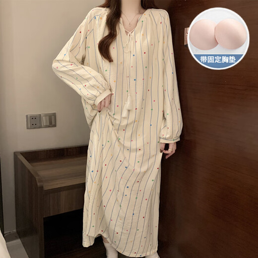 COLORFUL GEMS Yunduo cotton pajamas for women with breast pad spring and autumn loose large size home clothing JDX-6621 185 XXL