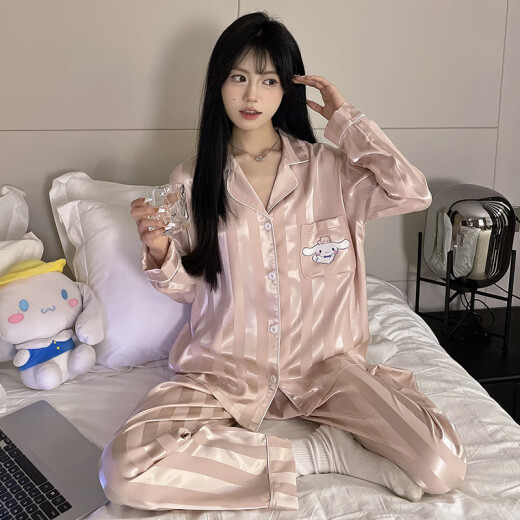 维多利亚的格调轻奢品牌冰丝睡衣女款春秋季长袖甜美可爱卡通家居服女士秋款仿真 TMSJ-6636 M
