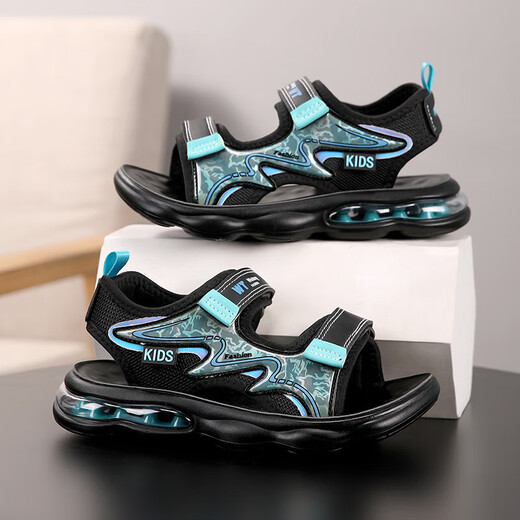 Children's shoes 2025 summer style children's sandals for boys, medium and large children, soft-soled beach shoes, sports sandals, outdoor leisure 1926 black lake blue, size 41/shoe inner length about 264cm
