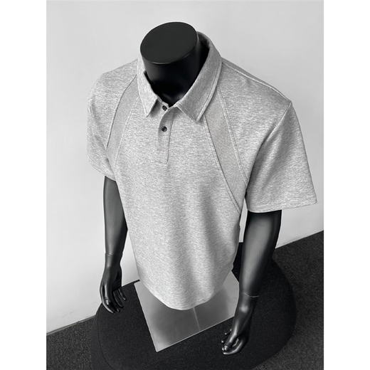 Jufeng space cotton American polo shirt men's high-end splicing heavyweight T-shirt Henry collar boxy gray shoulder short sleeves light gray upgraded version 90% of buyers choose M Recommended 105-120 Jin Jin equals 0.5 kg
