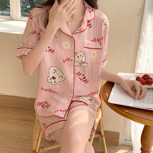 
HUALIN FASHION summer pink flower puff sleeve short sleeve cute thin home clothing set zd-673# apricot love heart 175 L