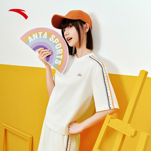 Anta Rainbow Sports Sports Summer de manga corta para mujeres pantalones cortos redondos de cuello