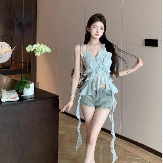 韫舜蓝色荷叶边挂脖吊带小背心女夏季修身不规则绝美纯欲短款上衣外穿 吊带小背心【M颜色偏绿】